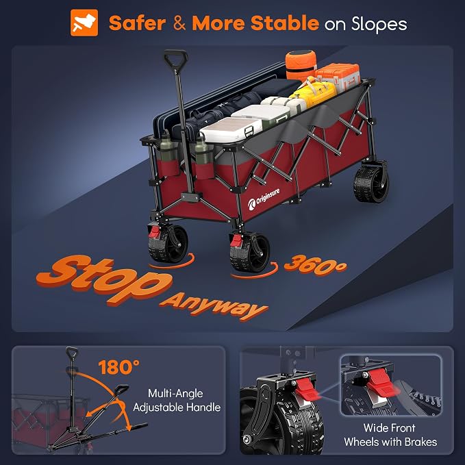 Originsure 48" L Collapsible Wagon Cart Foldable, 560lbs Weight Capacity 300L Heavy Duty Folding Beach Wagons with Big All-Terrain Wheels, Utility Carts for Groceries, Camping, Sports - Grey&Red