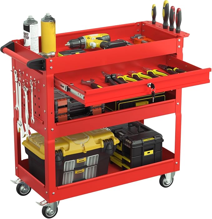 3 Tier Heavy Duty Rolling Tool Cart with Drawers, Large Storage Utility Cart on Wheels for Garage, Warehouse, Repair Shop (Red)
