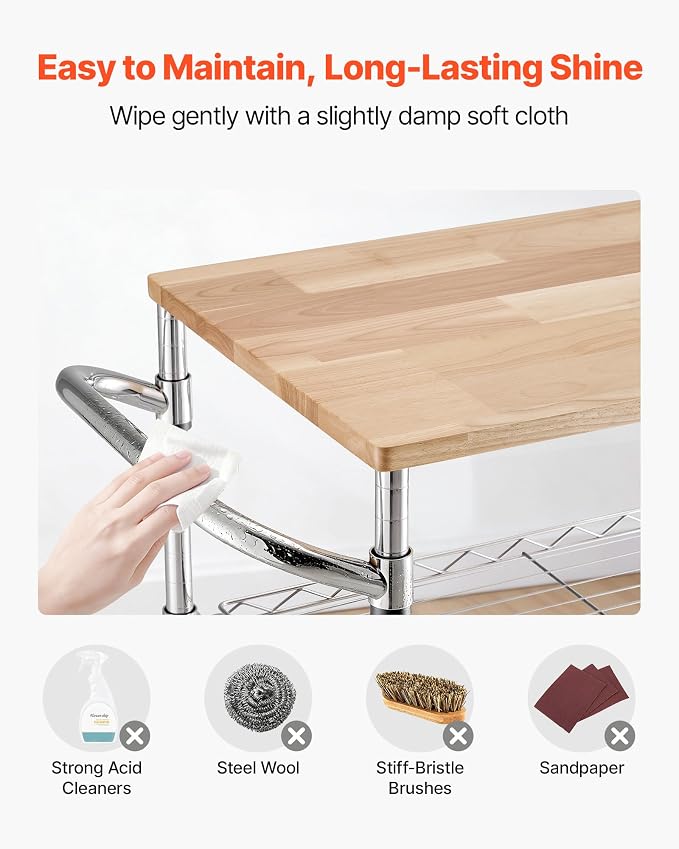 VEVOR Kitchen Utility Cart, 3 Tier Heavy Duty Adjustable Wire Storage Rack with Wood Tabletop and Handle Bar, Rolling Portable Service Trolley on Wheels, 661 lbs Steel Work Table, 30x18x36 in