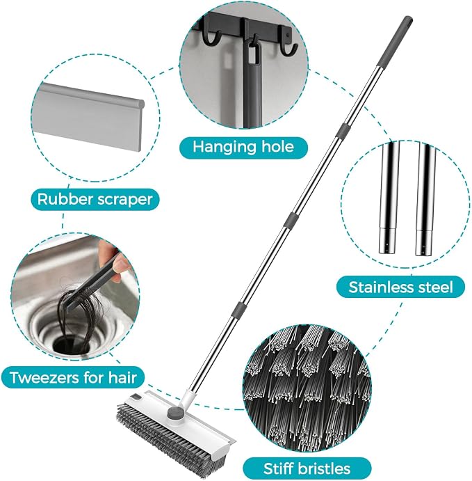 SetSail Floor Scrub Brush, 3 in 1 Floor Scrub Brush with 54-in Adjustable Long Handle and Scraper Heavy Duty Stiff Bristle Floor Scrubber for Cleaning Shower Bathroom Kitchen Patio Garage, Grey&White