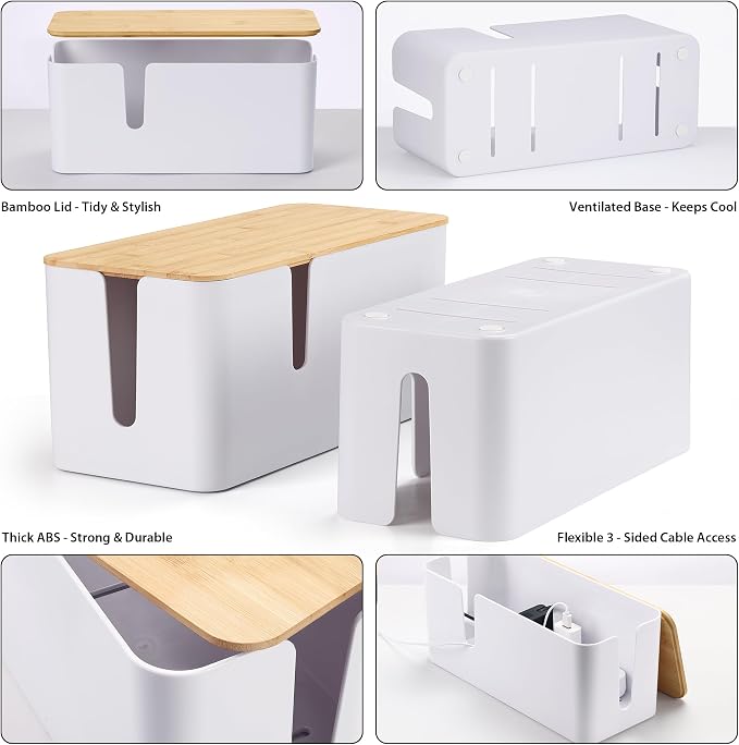 ZhiYo 2 Pack Cable Management Box, Large & XL, Power Strip Organizer, White | Extra-Tall Design for Oversized Adapters, Fits Power Strips Up to 13.4" Long, Natural Bamboo Lid, Ideal for Desks, TV Areas