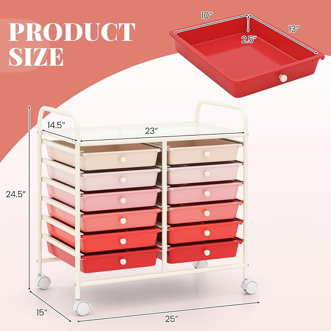 COSTWAY 12-Drawer Rolling Storage Cart, Utility Storage Organizer Cart | For Tools, Scrapbook, Paper, Craft, Multipurpose Art Supply Organizer on Wheels for Home Office School, Teacher, Mixed Pink