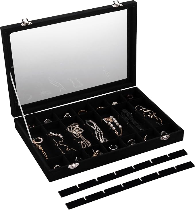 Frebeauty Velvet Jewelry Tray,35 Grid Jewelry Organizer with Clear Lid,Earring Holder Organizer Case with Clasp,Drawer Insert for Rings Studs,13.8 x 9.5 x 2 Inches,Gift for Women Girls(Black) | Drawer Jewelry Organizer for Rings Studs Beads,Adjustable ...