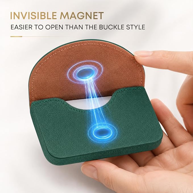Business Card Holder，PU Leather Business Card Case Wallet Green | Pocket Travel Name Card Case for Men and Women Gift，Portable Magnetic Business Card Carrier for Purse