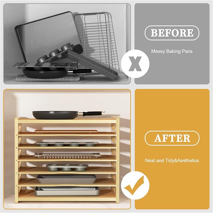 7 Tier Large Size Wooden Tray Dividers for Cabinets, Cookie Baking Sheet Organizer for Cabinet, Vertical Tray Dividers for Storing pans, Baking trays, Cutting Board
