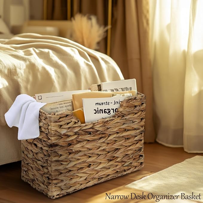 Yesland Hand-Woven Magazine Basket 14.5"x8"x11.75" - Natural Water Hyacinth Wicker Storage Organizer with Handle, 2 Compartments for Home Office Desk