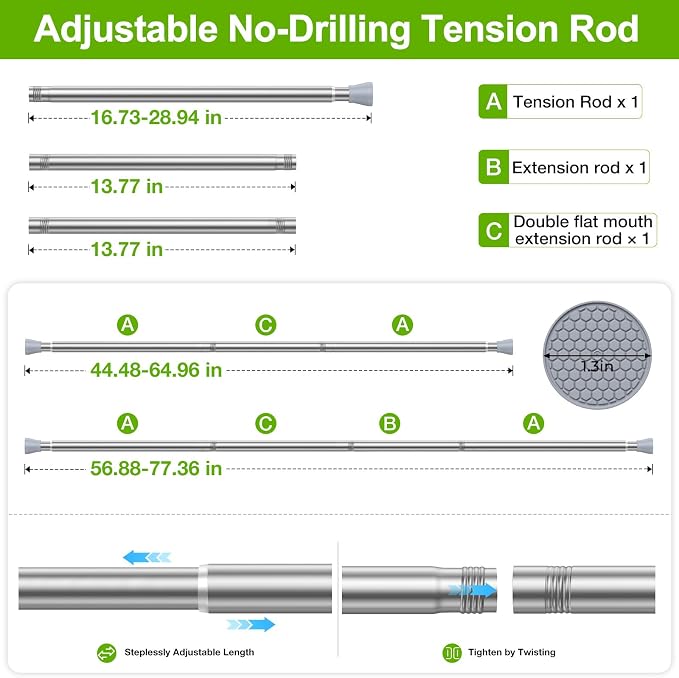 HAOYUNIE 1 Pack Tension Curtain Rods, 45-77Inches Adjustable Spring Tension Rods, No Drill No Slip, for Windows, Doorway, Bathroom & Closet (silver)