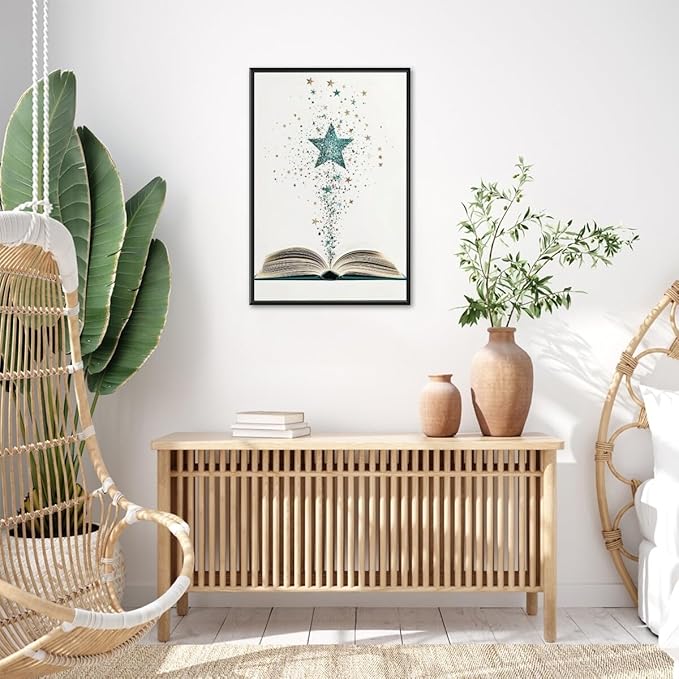 Magical Book Bookish Star Art Aesthetic Poster Canvas Wall Art Decoration Living Room Home Decor Bedroom Decoration Poster black framed20x30inch