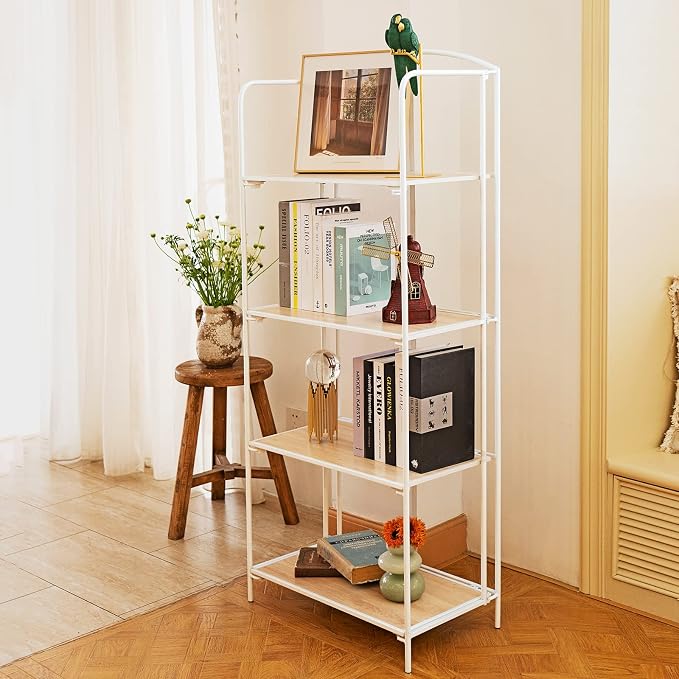Crofy 4-Tier Foldable Bookshelf, White Frame & White Oak Shelves | No-Assembly Collapsible Portable Storage Organizer; Sturdy White Oak Finish Shelves; Ideal for Living Room & Home Office
