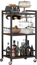 TUTOTAK Bar Cart with Wheels, Drink Cart with Wine Rack and Glass Holder | 3-Tier 17 Inch Wide Home Bar Serving Carts, Small Mobile Kitchen Shelf with 6 Hooks, Rustic Brown BC01BB032
