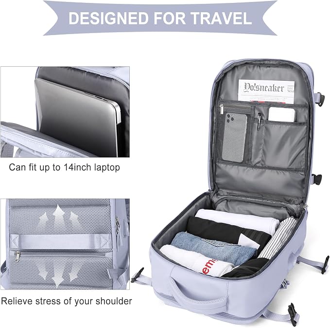 WONHOX Carry on Travel Laptop Backpack Personal Item Size for Women Men Flight Approved,Backpack for Women Travel Bag Hiking Outdoor Sports Rucksack Casual Daypack, Taro Purple
