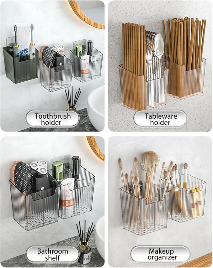 Lae Nuvole 2Pcs Storage Organizer Bins, Wall Mount Toothbrush Holder, Clear | with Dividers & 4 Adhesive Pads, No Drill, Renter Friendly, BPA-Free PET, Fits Bathroom, Apartment, RVs, Cabinet/Pantry Door