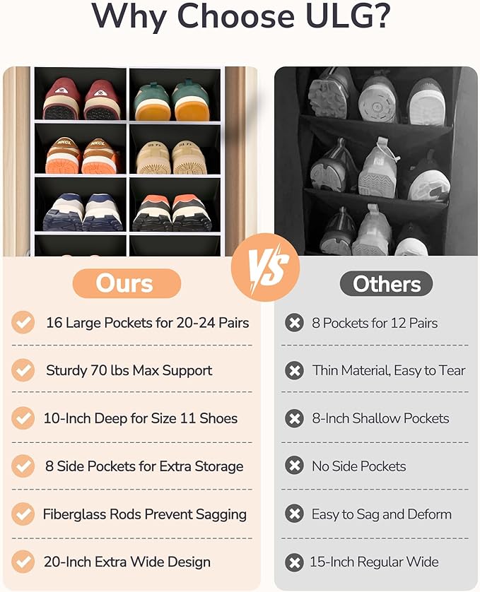 ULG Over The Door Shoe Organizer with 16 Large Pockets, Hanging Shoe Rack for Closet Door, Space Saving Shoe Storage Black