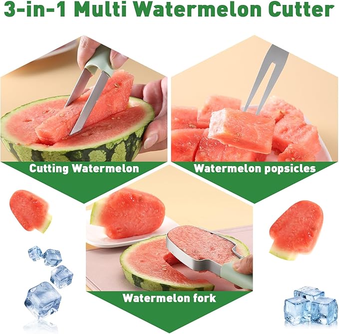 Watermelon Cutter - 3-in-1 Fork Slicer & Popsicle Maker, Multi Melon Cutter for Camping & Kitchen (Green)