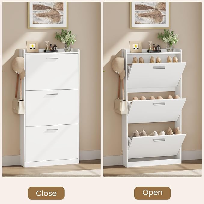 Shoe Cabinet Organizer with 3 Flip Drawers，Freestanding Shoe Rack Cabinet，Narrow Shoe Cabinet Storage for entryway，Foyer, Hallway, White, 23.6" W × 6.3" D × 47.2" H