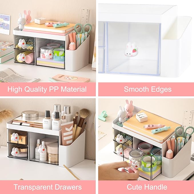 SAYEEC Desk Organizer with 3 Drawers and Pencil Pen holder, Multi-Functional Desktop Makeup Stationery Accessories Organizer, Desk Organization Storage Box Caddy for Office School Home Vanity Table