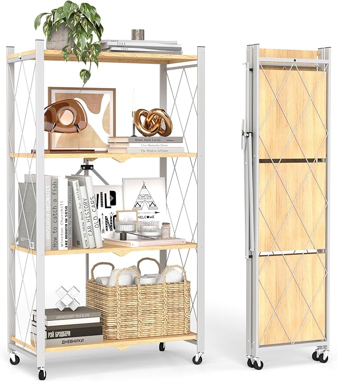 black leopard 4 Tier Folding Storage Shelves with Wheels, Foldable Bookshelf No Assembly Collapsible Shelf Heavy Duty Rolling Shelving Unit for Kitchen Bedroom Living Room (White, 27.9"x 13.3"x 49")