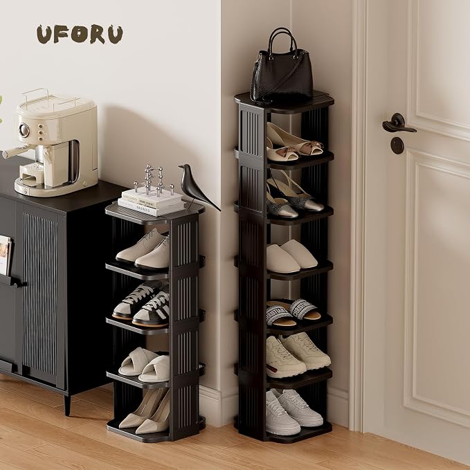 UFORU Small Shoe Rack, 5 Tier Plastic Vertical Shoe Rack for Small and Narrow Spaces, Free Standing Shoe Organizer for Closet, Entryway (Black)