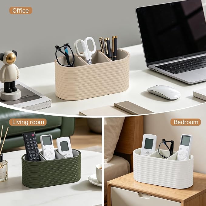 PU Leather Remote Control Holder, Modern Oval Pen Holder for Desk, 3-Compartment Desk Caddy for Remotes, Glasses, Pens, Small Desk Organizer for Nightstand, Coffee Table, Office (Olive Green)