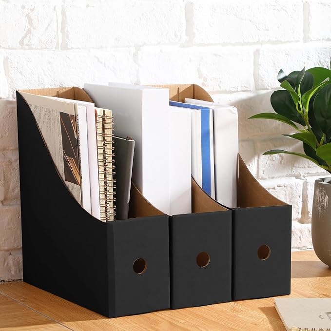Thenshop 24 Pcs Cardboard Magazine File Holder Organizer, Desk File Organizer Box Foldable Book Bin Papers Storage Folder with Label for School Classroom Office Supplies(Classic,Black)