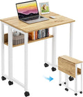 GreenForest Folding Desk with Wheels, 31.5" Rolling Table for Small Spaces | Storage Shelf, Lockable Casters, Compact Portable Workstation, Space-Saving Foldable Sofa Table, Home Office, Mobile, Oak