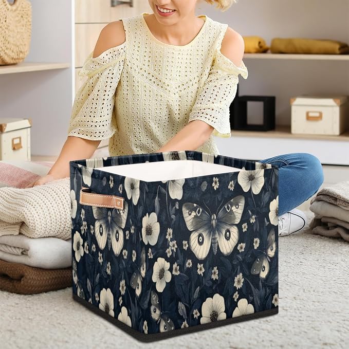 TropicalLife Flowers Moths Storage Cube, 13 Inch Fabric Cube Storage Organizer Bin for Shelves Clothes, Decorative Foldable Storage Boxes