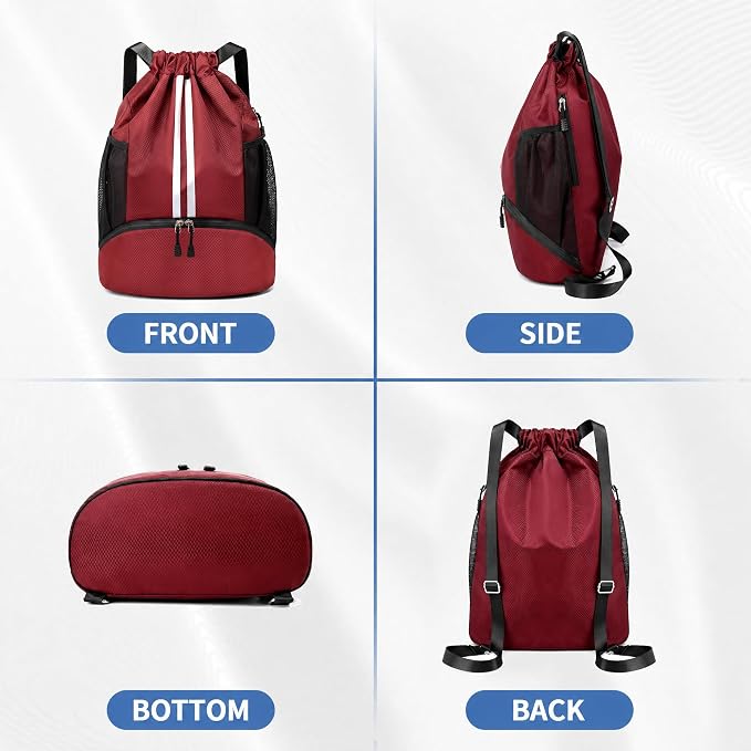 JELUTAR Drawstring Backpack Gym Bag with Shoes Compartment, Burgundy | Water-Resistant String Backpack for Soccer, Basketball, Swim, Beach Cinch for Women Men, 22 L Large Capacity, Wet Pocket
