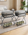 Set of 2 Foldable Gray Luggage Rack Stands with Storage Shelves – Heavy Duty Metal Suitcase Holders, 150 lbs Top, 50 lbs Bottom Each, Fits 20”-28” Luggage – Guest Room, Bedroom, Hotel LR-GY-2