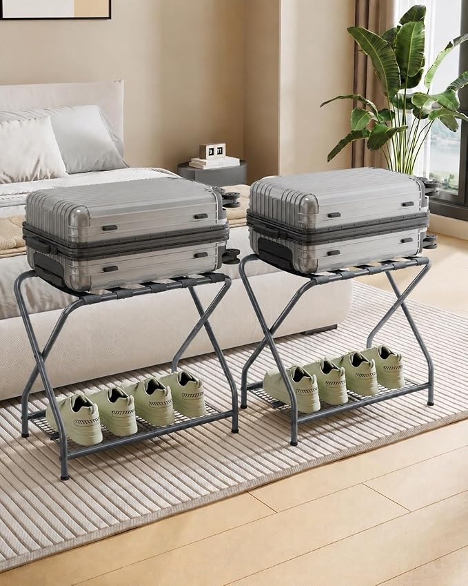Set of 2 Foldable Gray Luggage Rack Stands with Storage Shelves – Heavy Duty Metal Suitcase Holders, 150 lbs Top, 50 lbs Bottom Each, Fits 20”-28” Luggage – Guest Room, Bedroom, Hotel LR-GY-2