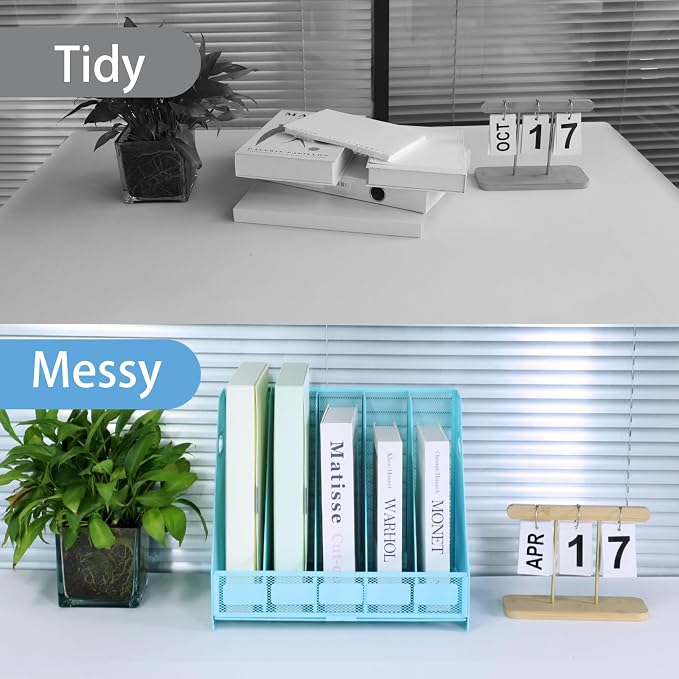 Desk Organizers Metal Magazine File Holder Racks Desktop Folder Storage Binder Organiser Document Organization for Home Office & Classroom,5 Vertical Compartments-Blue