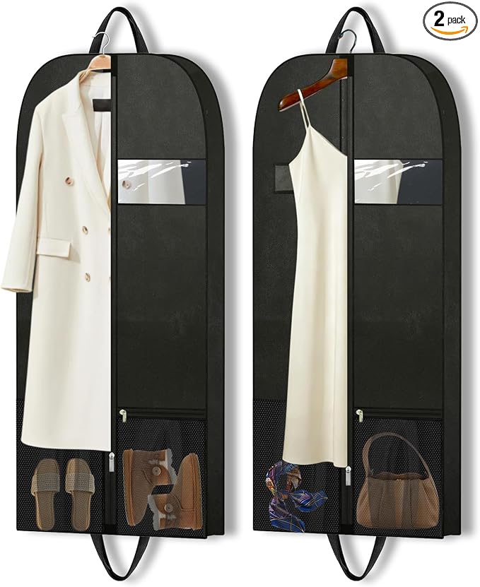 54" Garment Bags 2 Pack, Hanging Dress Covers for Closet Storage and Travel | Two breathable garment covers with pockets, handles and zippers for protecting dresses, suits, shirts and seasonal clothing.