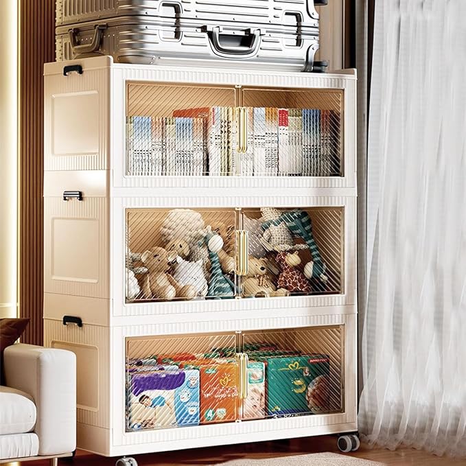 5900QT Stackable Storage Bins with Lid,147Gal Closet Organizers and Plastic Cabinets Shelves, Collapsible Drawers, Foldable Boxes with Wheels for Home Office, 3Pack (Clear Door, 39inch)
