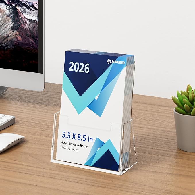 Acrylic Brochure Holder 8.5 x 5.5 Inch 4 Pack, Clear Acrylic Bi-fold Flyer Holder, Brochure Display Stands for Pamphlets, Magazines, Leaflets, Literatures, Booklets, Desk Holder, Countertop Organizer