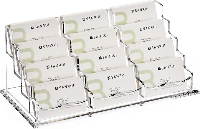 YUXUN Business Card Holder Display for Desk-12 Slots 4 Tier, Clear Multiple Acrylic Cards Stand for Women and Men, Business Card Holder Case for Office Supplies Home School
