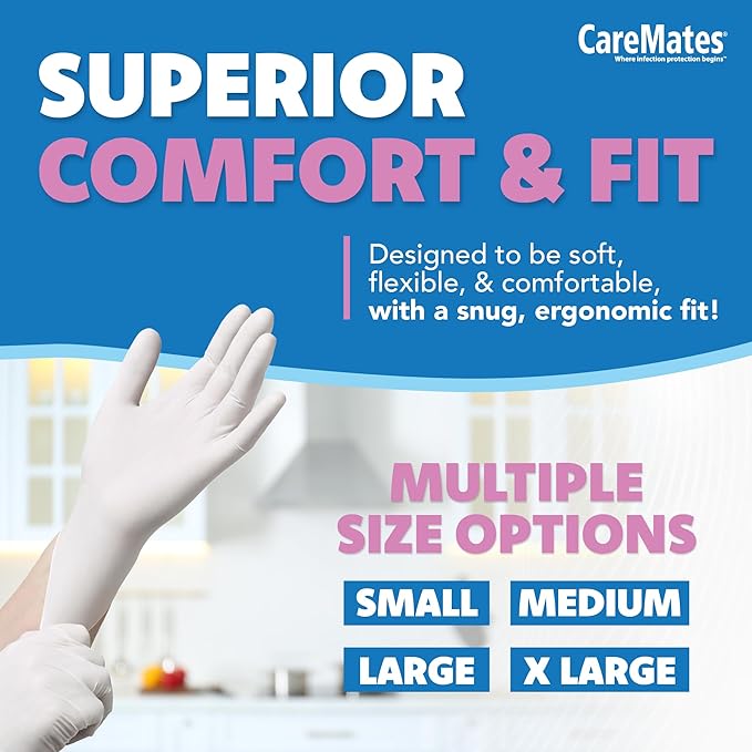 CareMates Medical Exam Gloves, Powder Free, Extra Strong, Certified for Home Infusion, First Aid, Food Safe, Cleaning Gloves