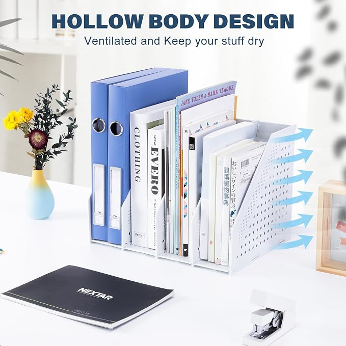 FRETONBA Collapsible Magazine File Holder, 4 Vertical Compartments | Foldable Space-Saving, Sturdy Plastic Binder Holder, Compact for Desk or Shelf, for Office & Home, Easy Access, Light Gray