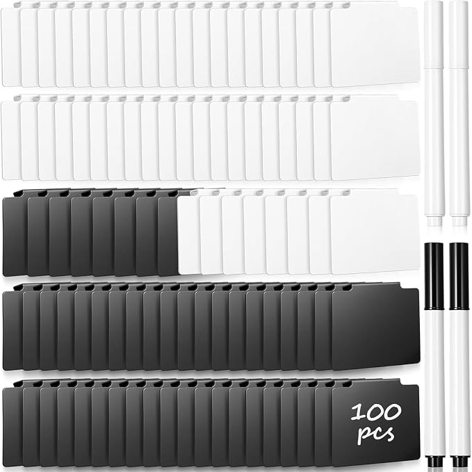 Siifert 100 Pcs Basket Labels Clip Set for Storage Bins Include Removable PVC Bin Label Holders with Chalk Markers for Kitchen Pantry Organization Labeling Box Shelf 48+2 96+4 (Black White)