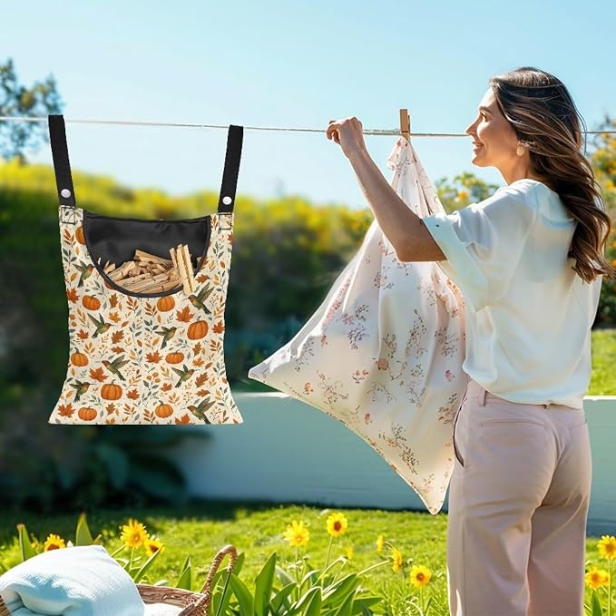 Hummingbird Pumkpin Clothespin Bag with Hanging Rope 14.5 x 12 Inch Summer Waterproof Laundry Clothes Pin Holder Clothespin Storage Organizer with Large Opening