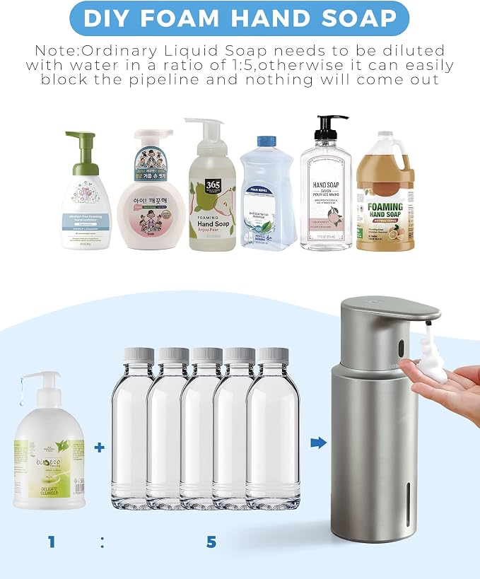 Automatic Foaming Soap Dispenser Touchless, 304 Stainless Steel Bottle Body | 16.2oz/480ml Rechargeable, 3 Adjustable Liquid Levels, IPX7 Waterproof, for Kitchen Bathroom, Stainless Steel