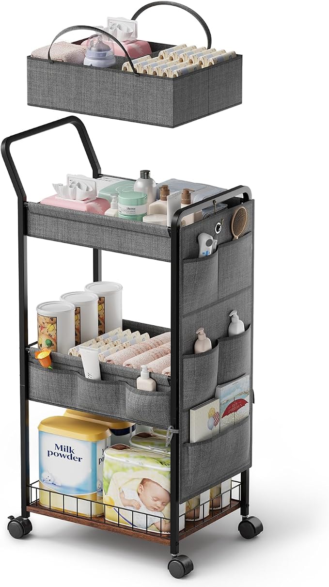 BBLIKE 3-Tier Diaper Caddy Organizer - Rolling Utility Baby Cart with Basket and Side Pockets for Nursery and Baby Essentials, Multi-Function Cart for Bedroom and Bathroom,Gray