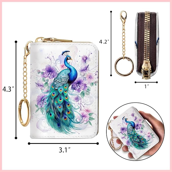 Blusabaca RFID Credit Card Holder Small Women Travel Wallet, Peacock | Removable Keychain, Case with Zipper, Vegan PU Leather, Cash Coin Pocket, Business Accordion Purse, Ladies Female Gift