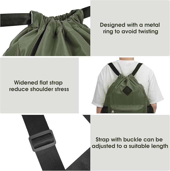 WANDF Drawstring Backpack with Shoe Compartment, Sports Gym Bag | Multi-Pocket Storage, Water-Resistant Fabric, Cinch String Bag