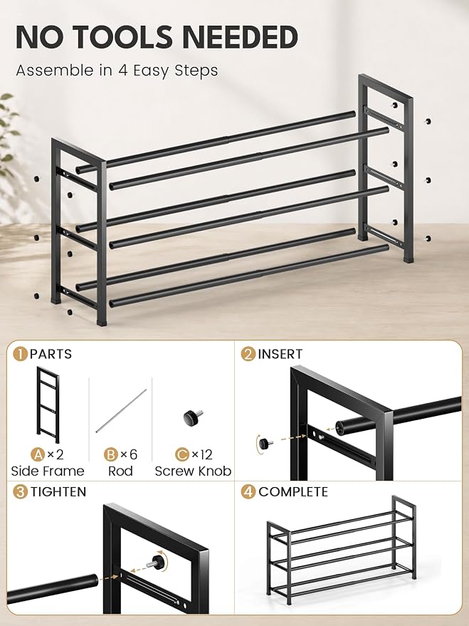 Bumusty 3-Tier Expandable Shoe Rack for Closet, 18“-33” Adjustable Shoe Rack for Small Space, Small Shoe Organizer for Front Door, Sturdy Metal, Black
