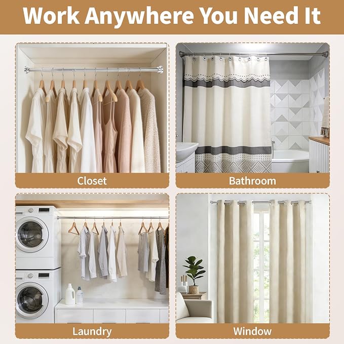 No Drilling Adjustable Closet Rod, 26-95 Inches Heavy Duty Tension Rod for Hanging Clothes for Closet, Laundry Room & RV, Silver