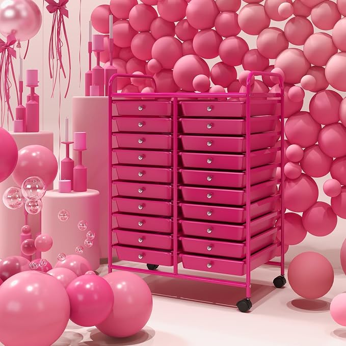 LDAILY 20-Drawer Rolling Storage Cart, Rolling Storage Cart, Storage Organizer on Wheels, Metal Frame, Scrapbook Paper Tools, Suitable for Office School, Classroom (Hot Pink, 20 Drawer)