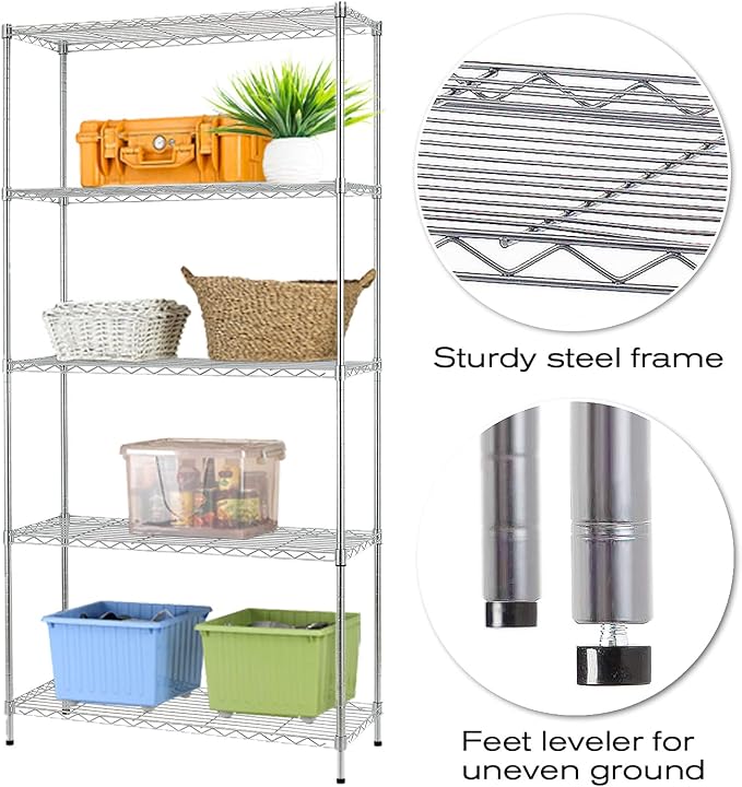 HCY Heavy Duty 5-Tier Storage Shelf - Adjustable Metal Rack for Laundry, Bathroom, Kitchen, Garage & Pantry Organization - 14"x36"x72" (Chrome)
