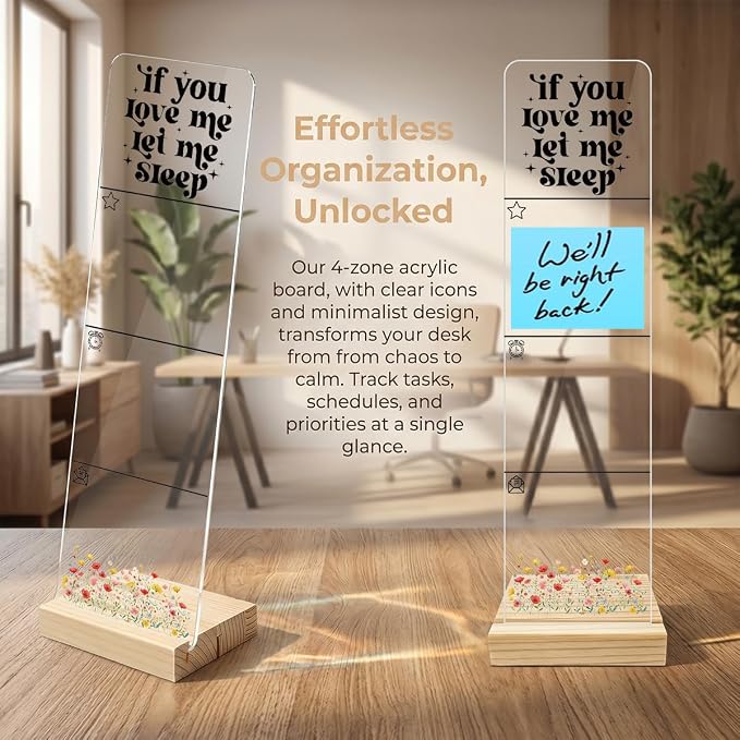 Sticky Note Holder, Monitor Memo Board, Acrylic Post It Note Holder with Wooden Base, Includes 200 Notes, Desk Organizer Funny Sleep Quote