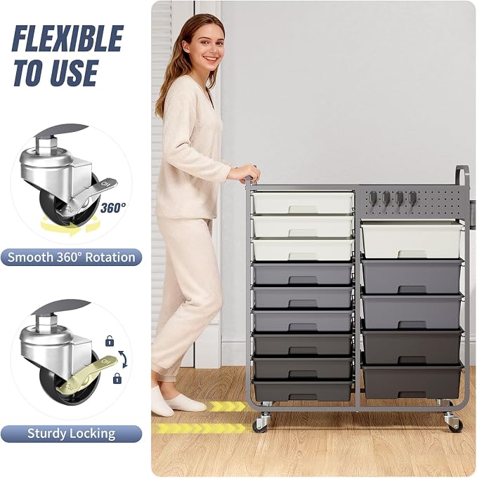 Rolling Storage Cart with Drawers, Storage Organizer Cart with Wheels and Wooden Tabletop,Utility Cart for Living Room, Classroom, Bedroom,Bathroom,Dorm,Office (Grey)