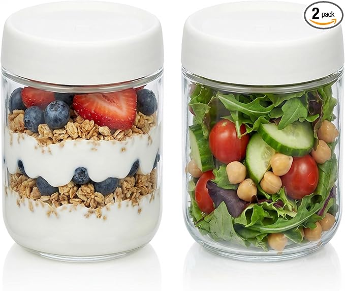 2Pack Overnight Oats Containers with Lids, 16 oz Glass Mason Overnight Oats Jars, Wide Mouth Mason Salad Jars, Airtight Containers for Milk, Cereal, Fruit, Yogurt, Spice Sugar, Salad Dressing