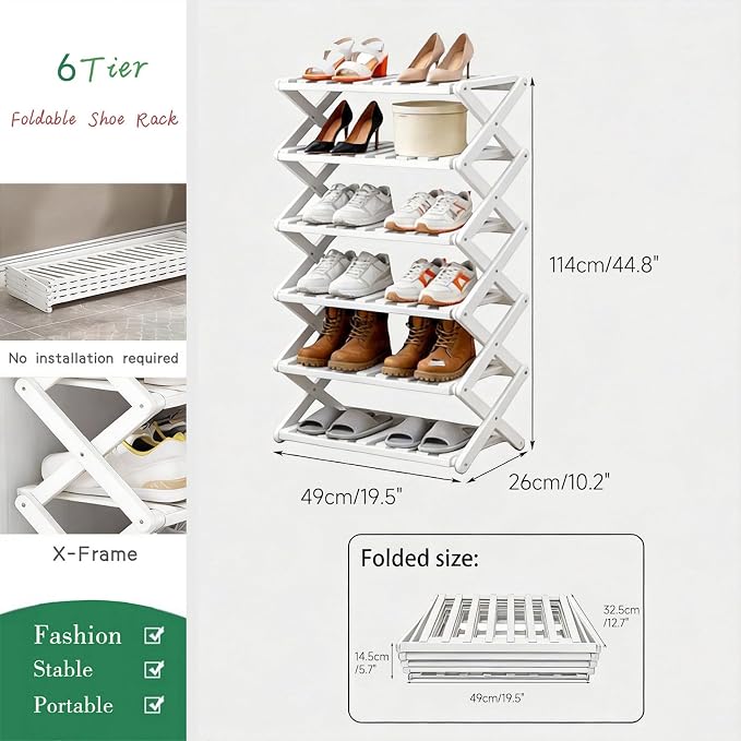 6 Tier Bamboo Shoe Rack White,Portable Folding Shoe Storage Rack,Without Installation Small Shoe Rack Perfect for Corridors, Drom, Bedrooms and Small Spaces